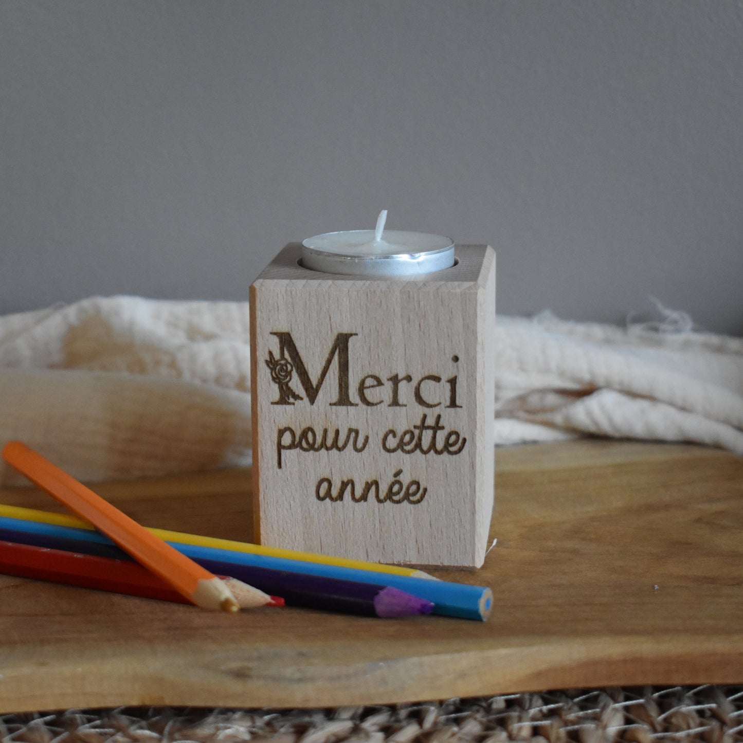 Bougeoir en bois "Merci pour cette année"