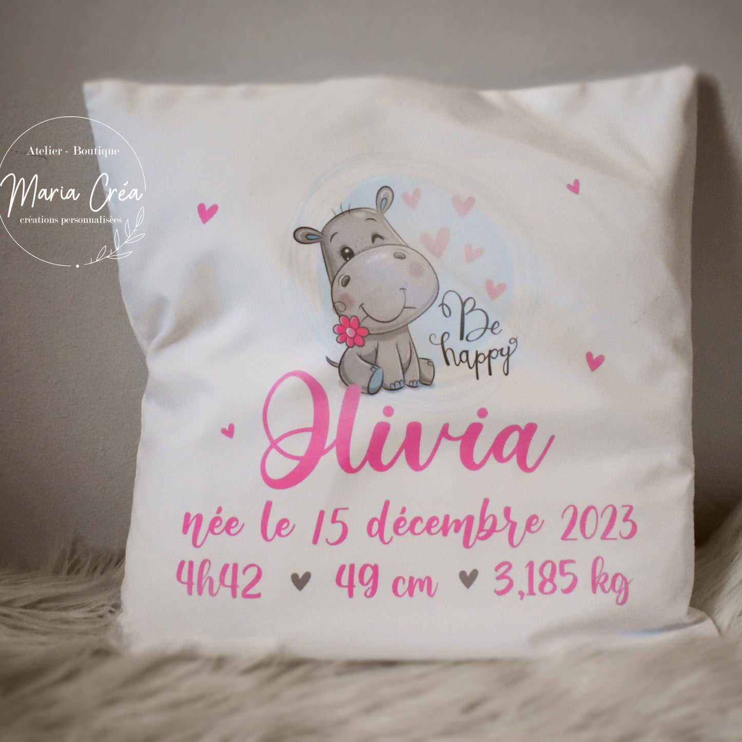 Coussin hippopotame - info de naissance