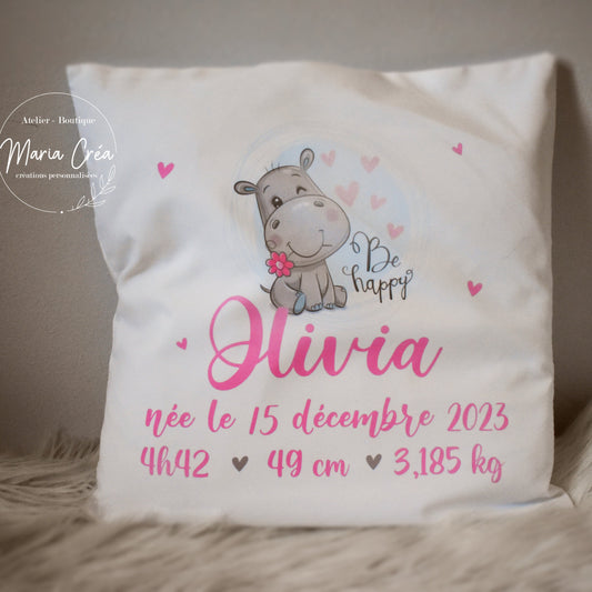 Coussin hippopotame - info de naissance
