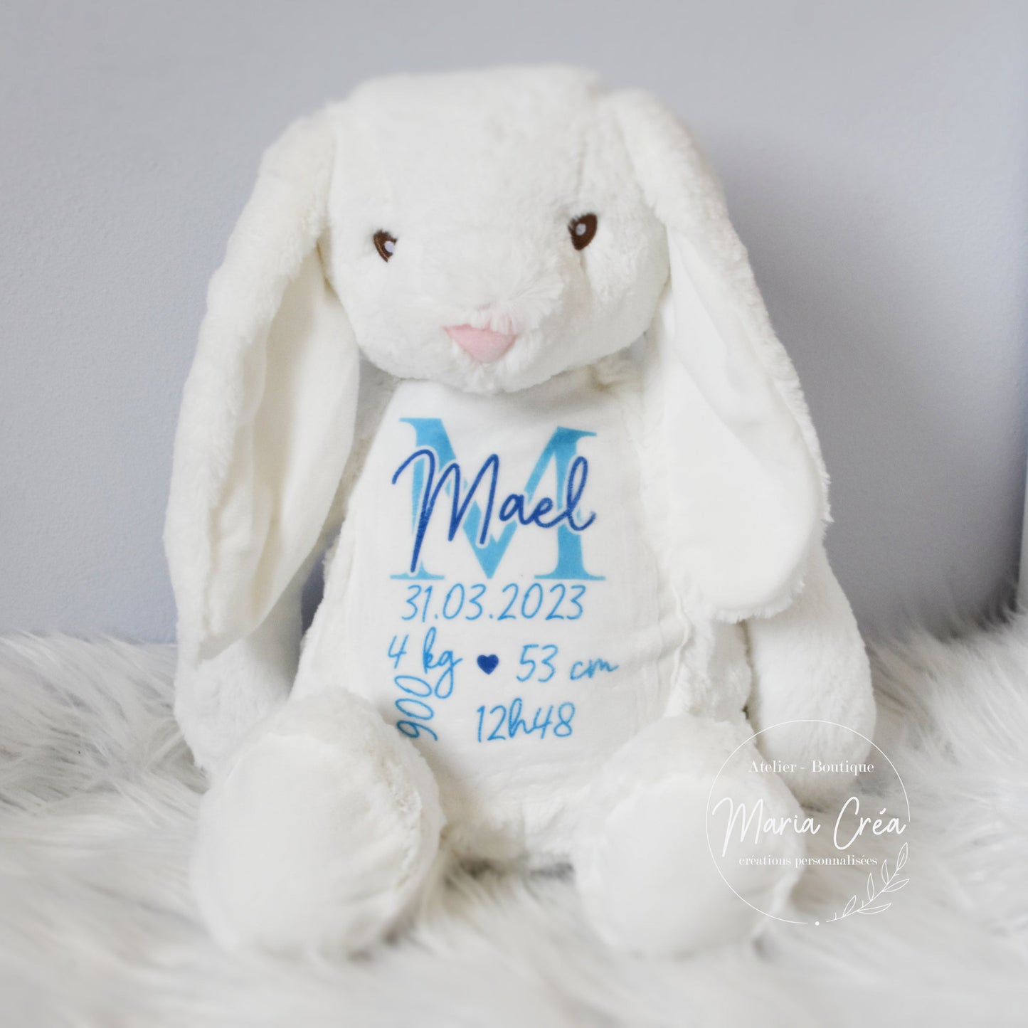 Peluche lapin blanc avec infos de naissance