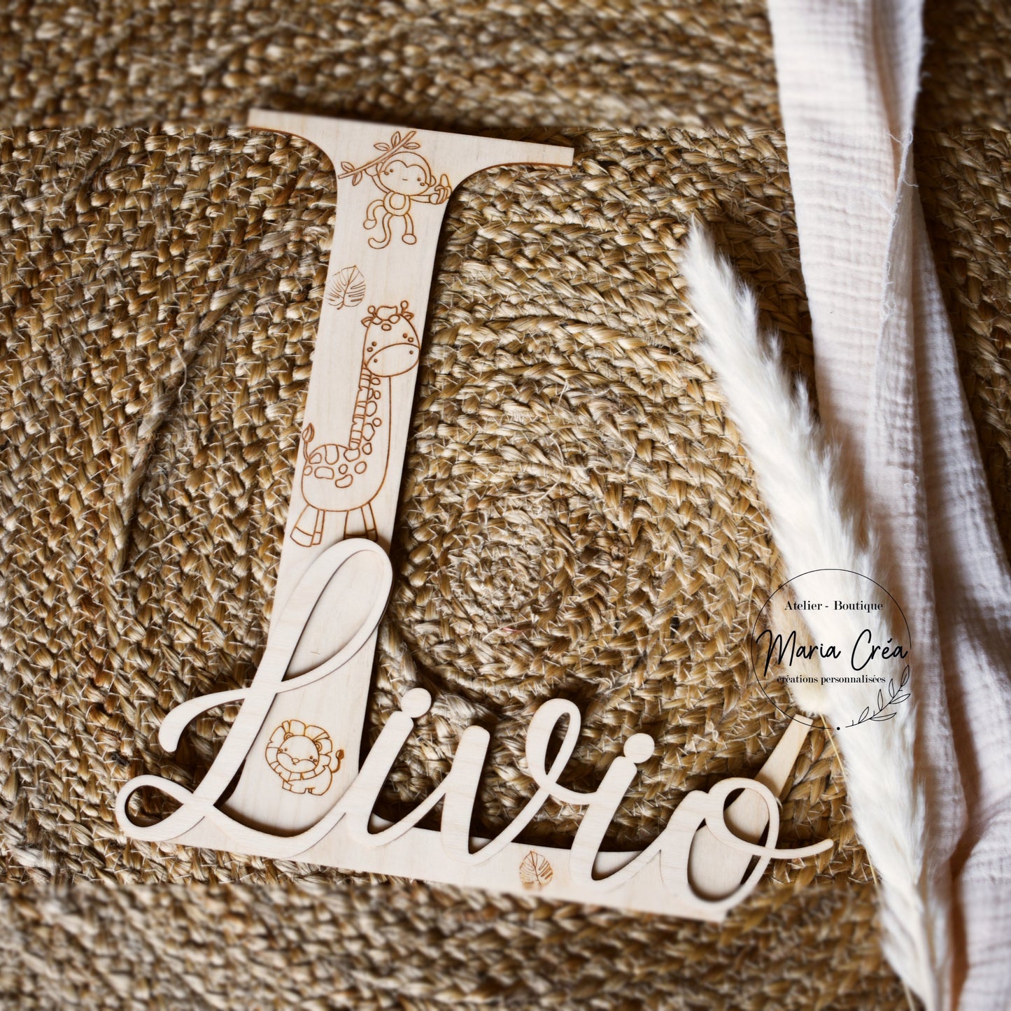 Lettrine prénom en bois - modèle animaux de la jungle