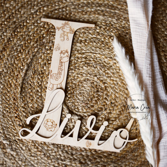 Lettrine prénom en bois - modèle animaux de la jungle