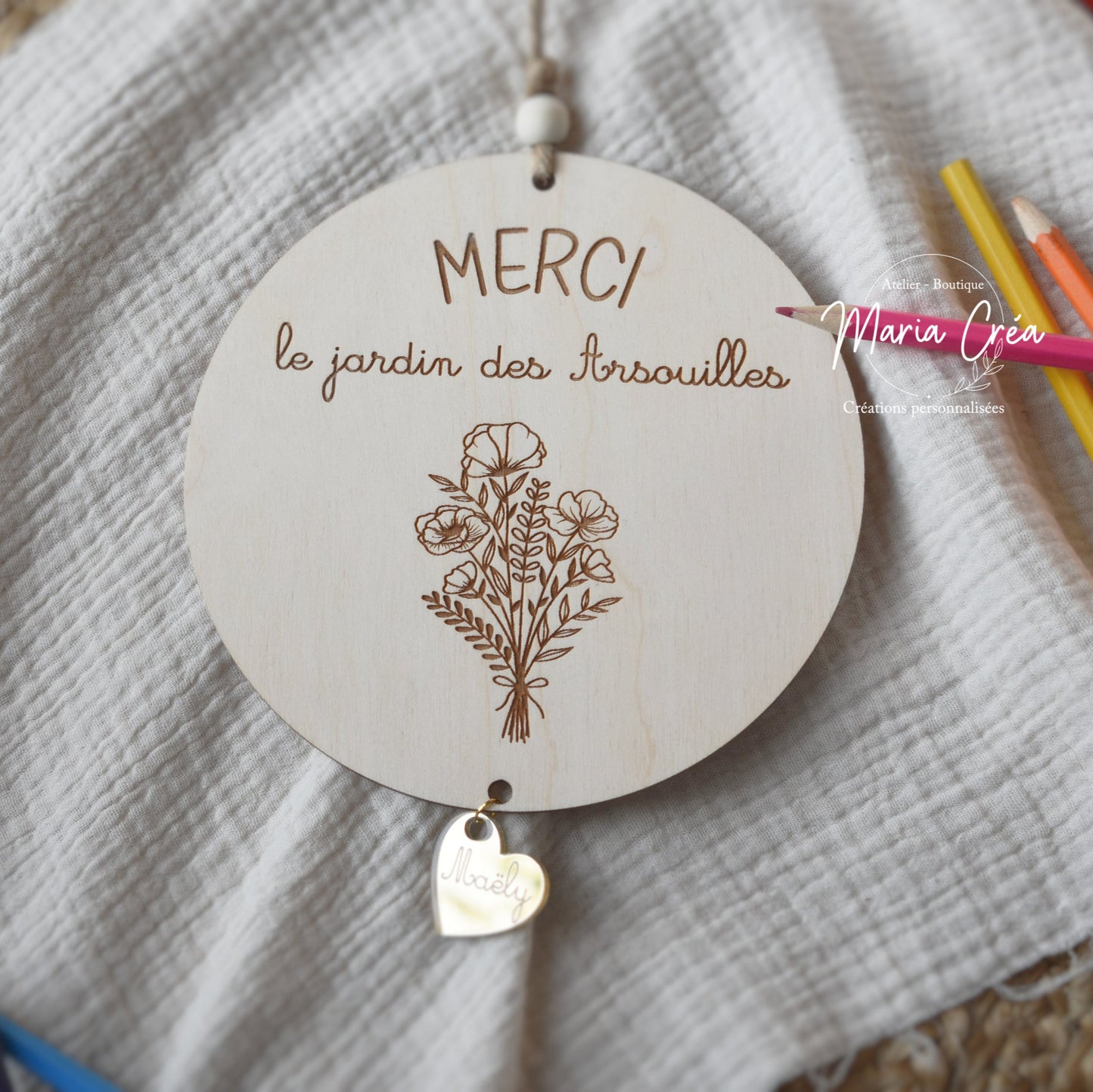 Plaque "Merci" avec cœur miroir et prénom personnalisé