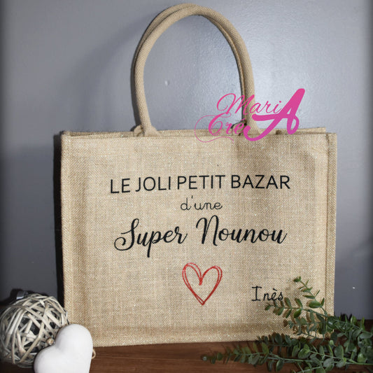 Sac en toile de jute "Le joli bazar d'une super ..."
