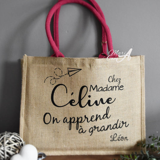 Sac en toile de jute "Chez madame, on apprend à grandir"