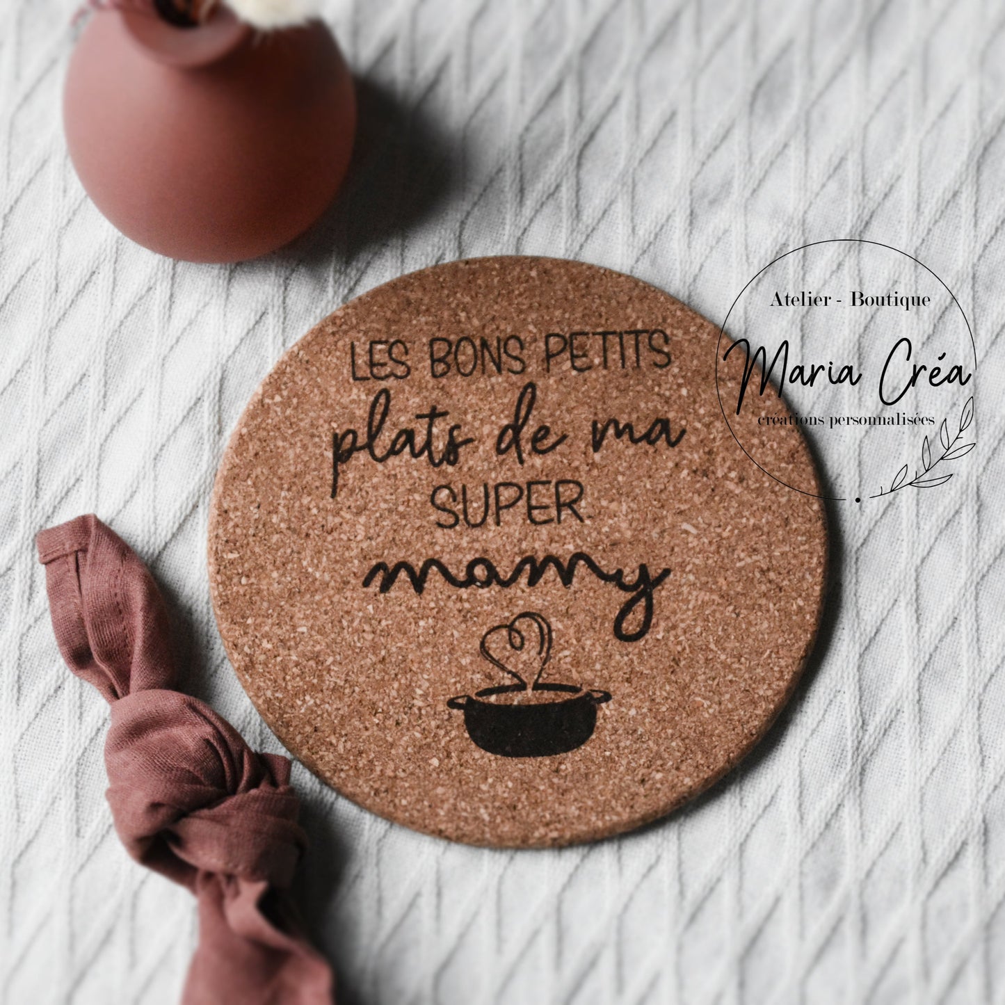 Sous-plat en liège "Les bons petits plats de ma super/ notre super ..."