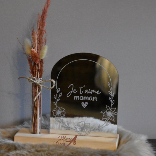 Plaque miroir gravée avec support fleurs séchées