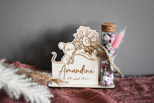 Figurine souvenir en bois souris et margueritte