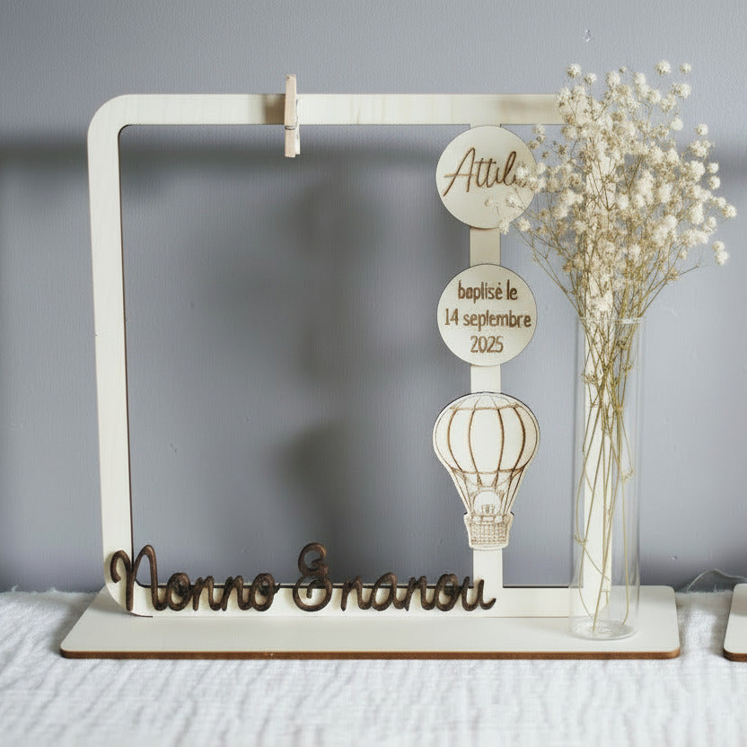Cadre photo avec pince & fleurs séchées - Modèle montgolfière