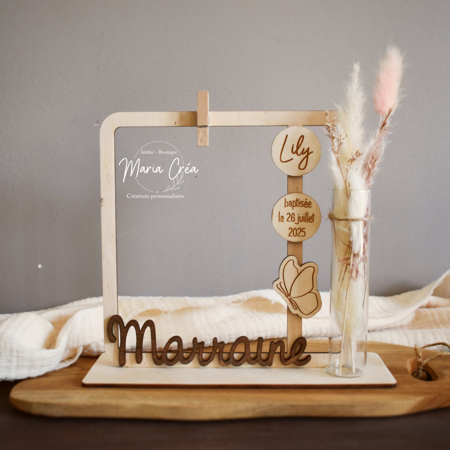 Cadre photo avec pince & fleurs séchées - Modèle papillon