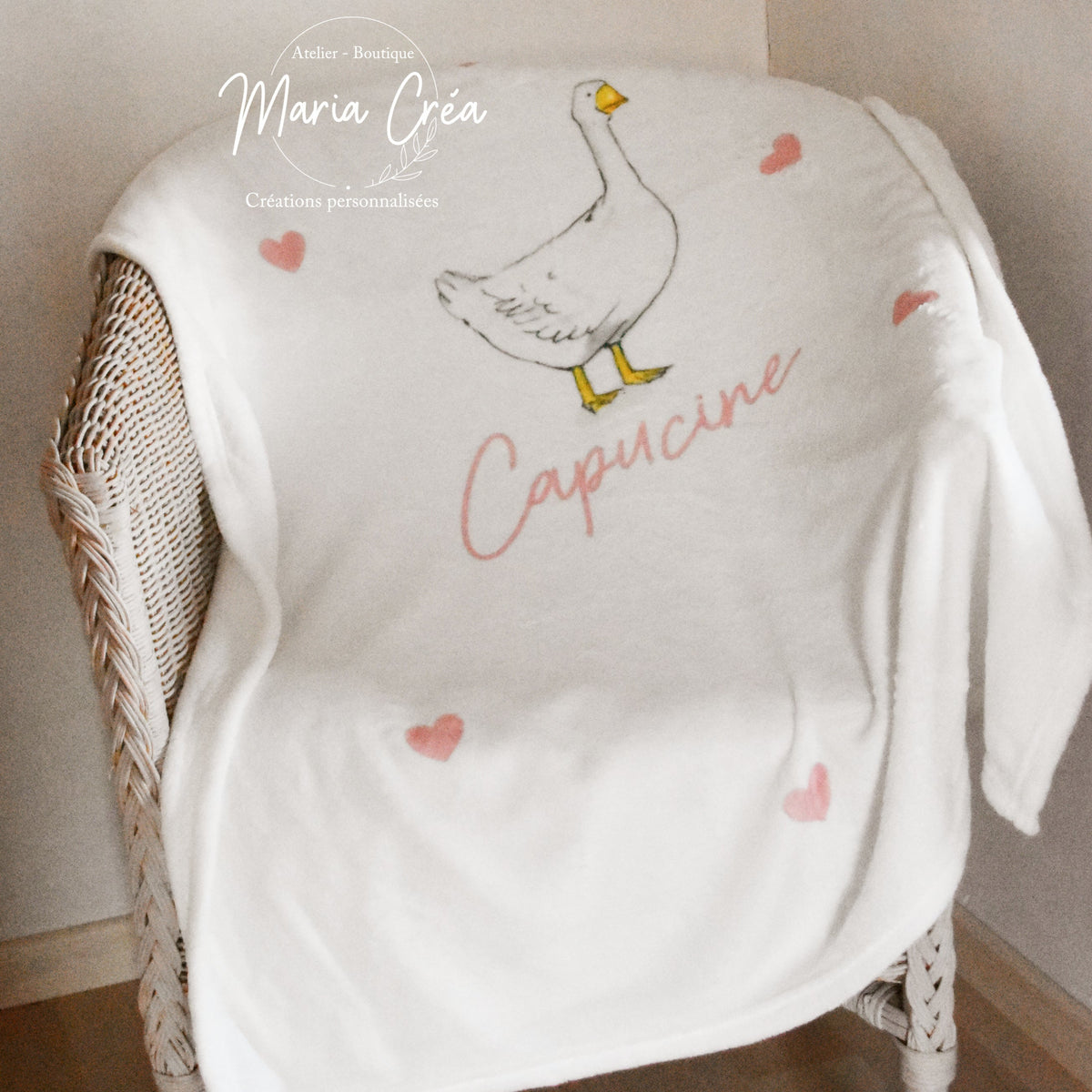 Couverture bébé personnalisée avec prénom – motif oie