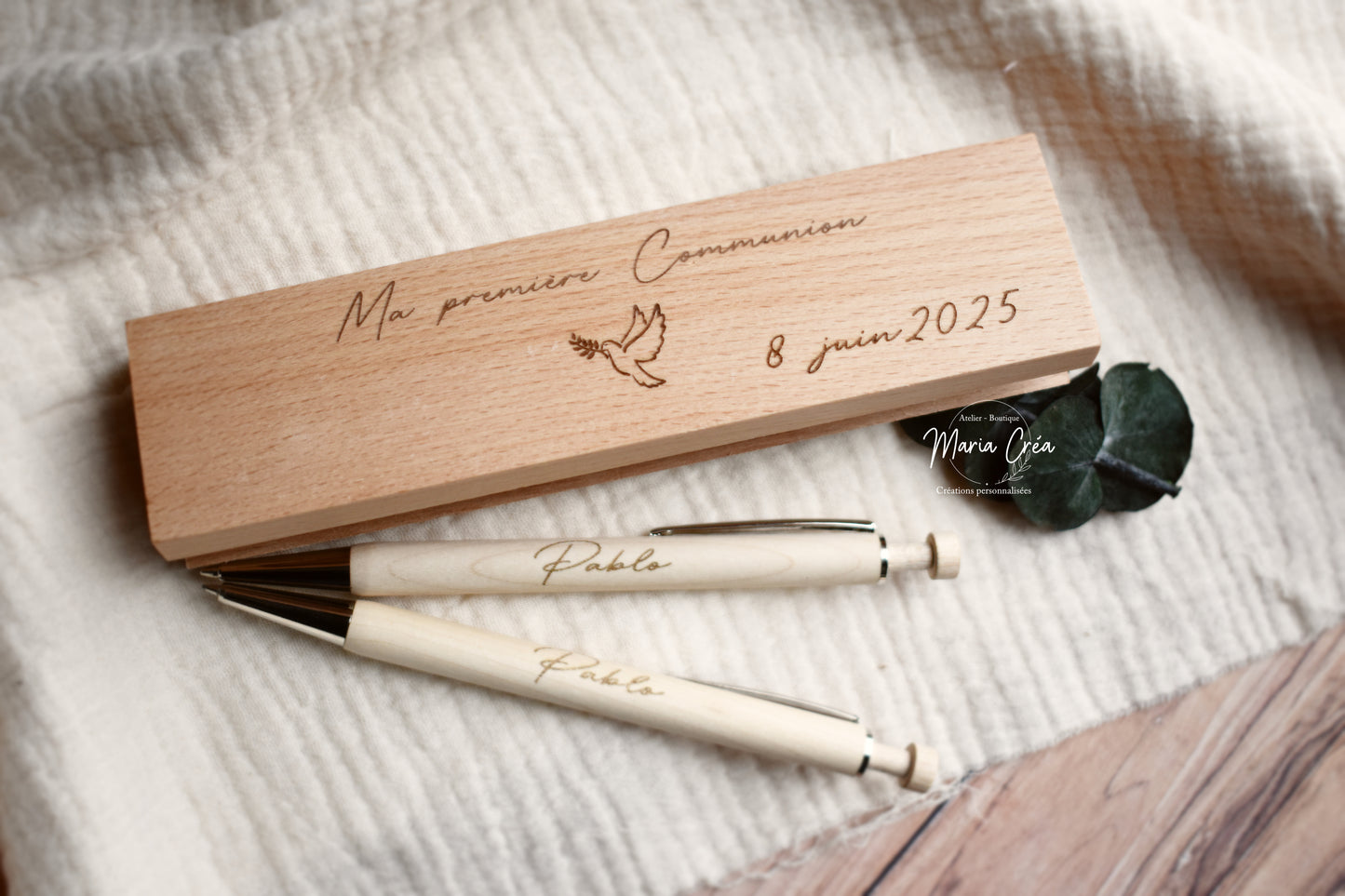 Coffret en bois bic/porte mine Ma première communion