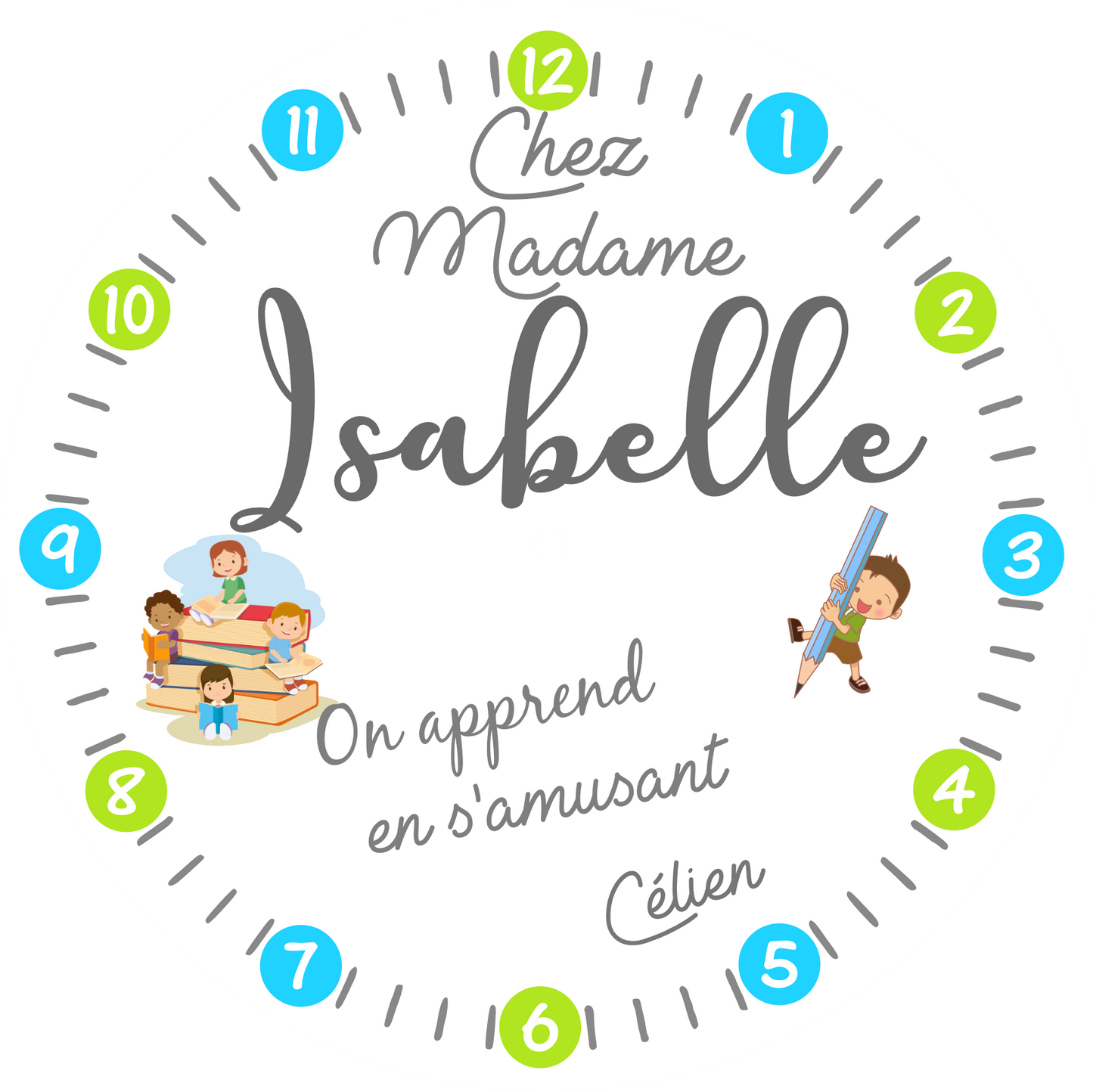Horloge à suspendre - chez madame.. on apprend en s'amusant...modèle vert/bleu
