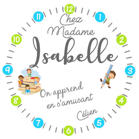 Horloge à suspendre - chez madame.. on apprend en s'amusant...modèle vert/bleu