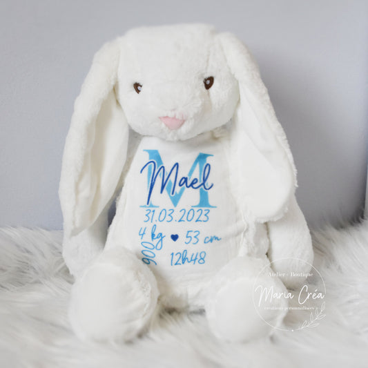 Peluche lapin blanc avec infos de naissance