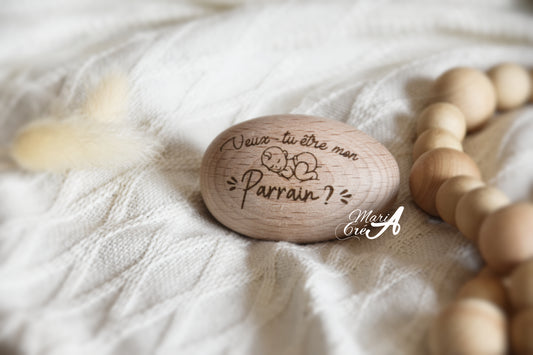 Oeuf en bois gravé demande parrain/marraine bébé
