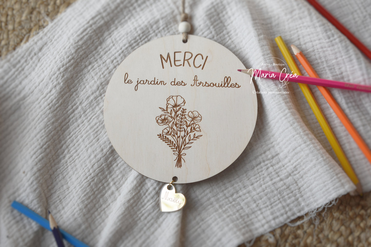 Plaque  "Merci" avec cœur miroir et prénom personnalisé