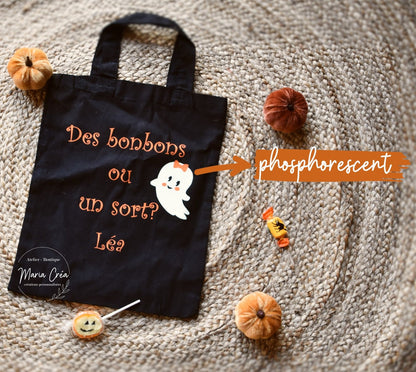 Sac à bonbons Halloween personnalisé motif fantôme phosphorescent