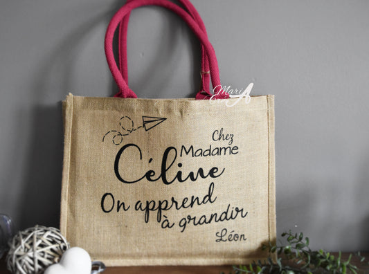Sac en toile de jute "Chez madame, on apprend à grandir"