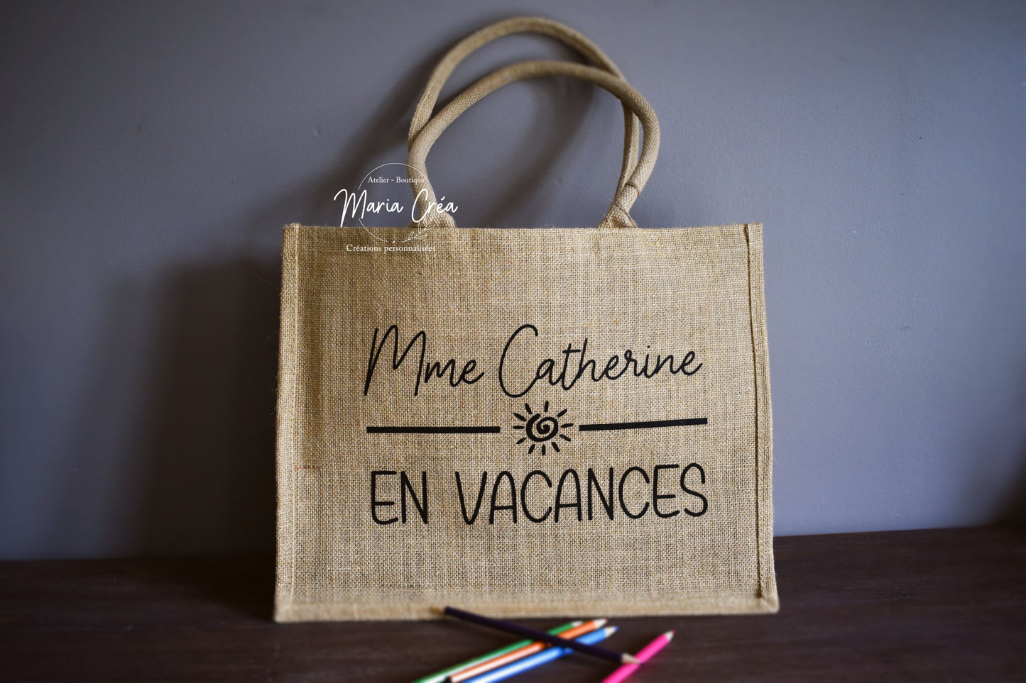 Sac en toile de jute "Madame ... en vacances"