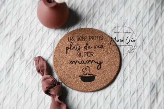 Sous-plat en liège "Les bons petits plats de ma super/ notre super ..."