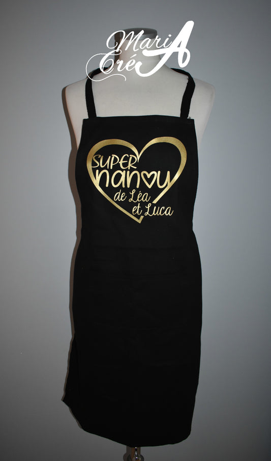 Tablier  " Super ..." avec coeur et prénoms
